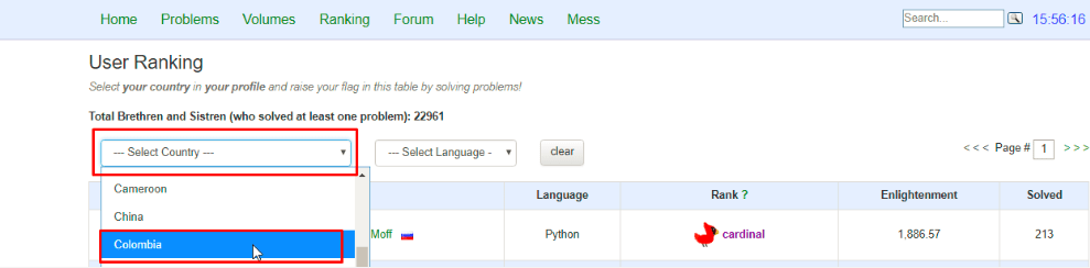 The country selector on the CodeAbbey ranking page
