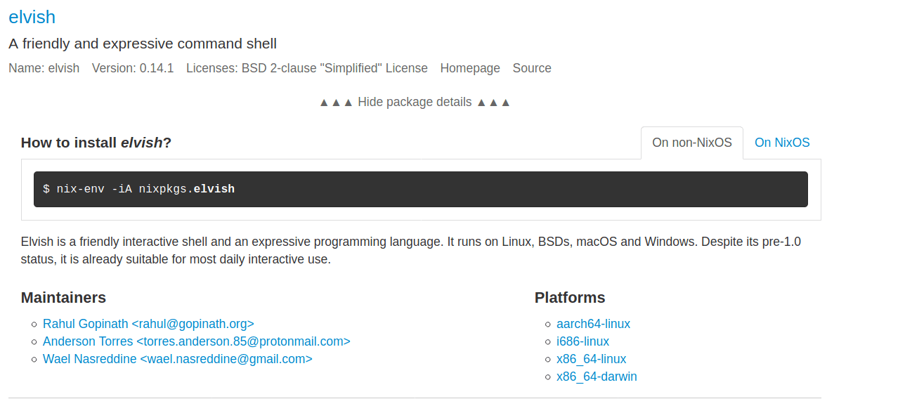 The page of a package on NixOS Search, with the Nix installation command